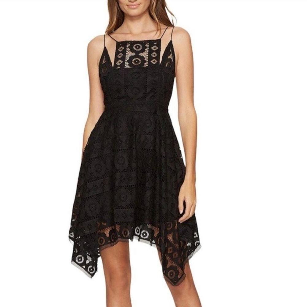 Free People Just Like Honey Dress‎ Handkerchief Hem Size 4 Black Lace Strappy